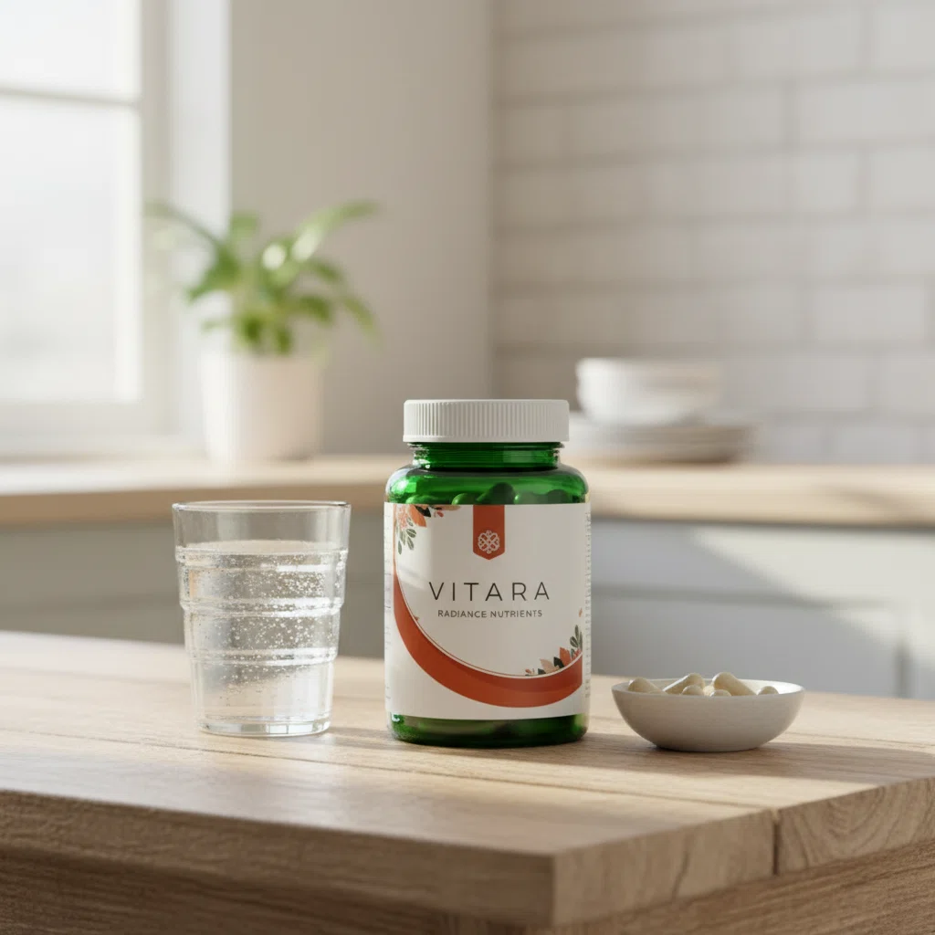 Vitara Radiance Nutrients -purkki keittiöpöydällä vesitilkan ja manteleiden vieressä, aamusvalo